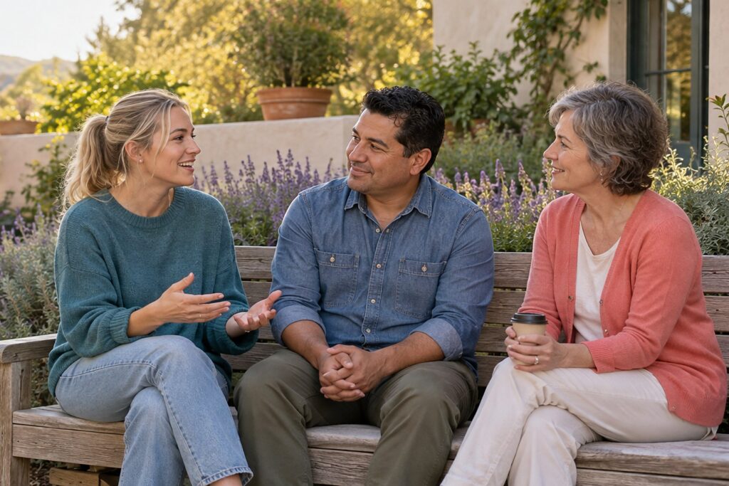 Adults talking together on a garden bench during peer support